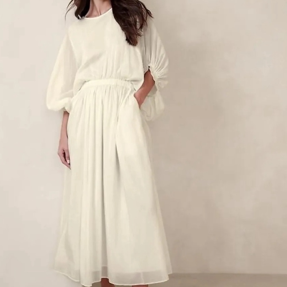 Banana Republic Eliana Cotton Silk Maxi Dress Blouson Sleeves Size M